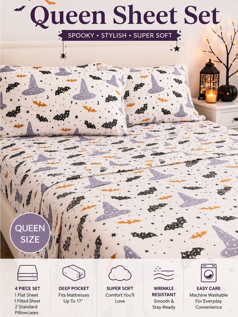 Spooky Witch Hat & Bat Queen Sheet Set - White